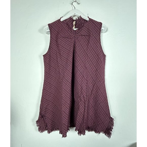 Cynthia Ashby Womens Wine Plaid Tunic Top Large Fringed Hem Sleeveless New